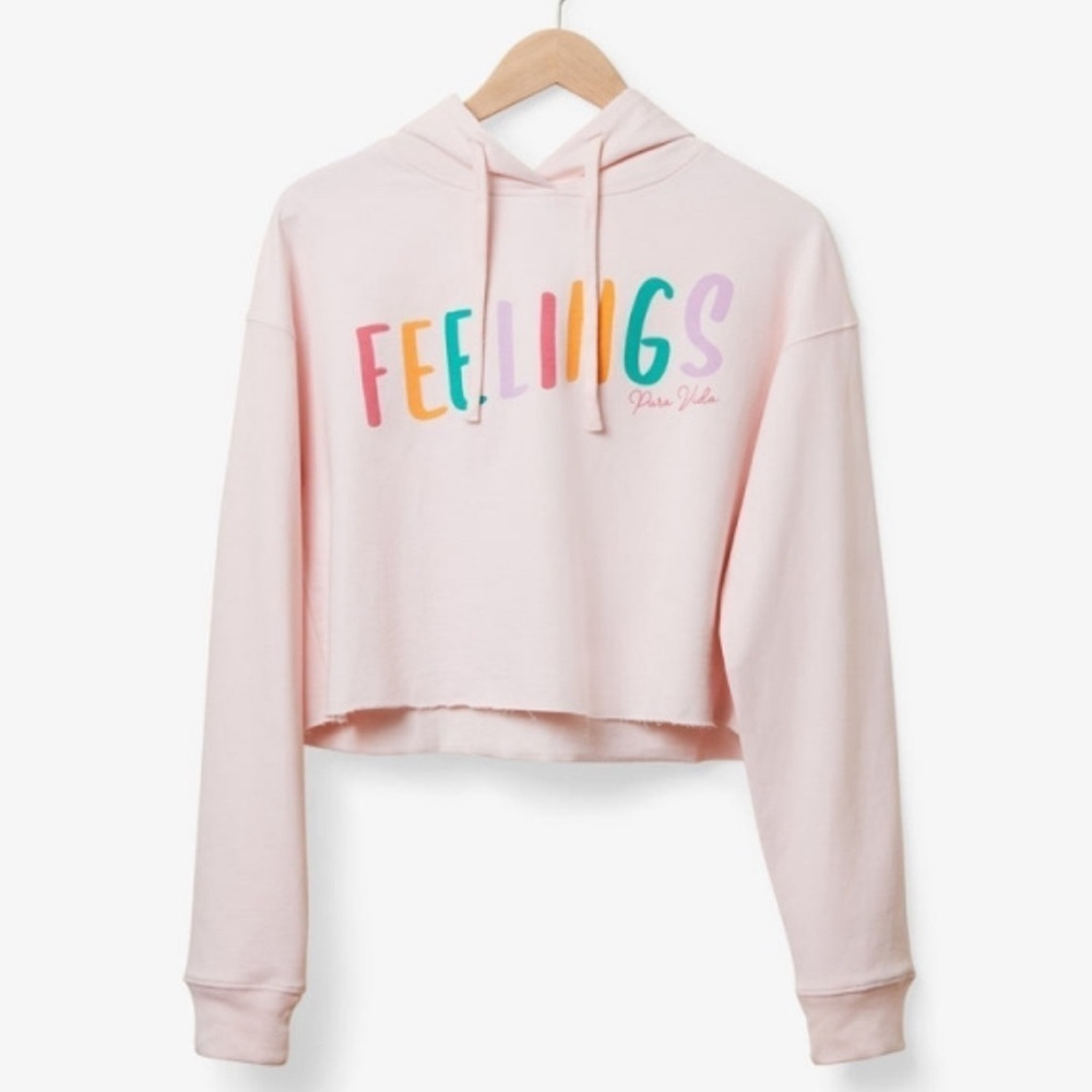 Pura Vida light pink cropped FEELINGS graphic long sleeve hoodie. Small.